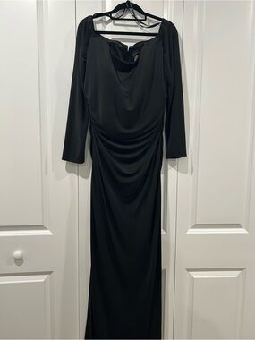 La Femme Black Long Sleeve Ruched Evening Gown